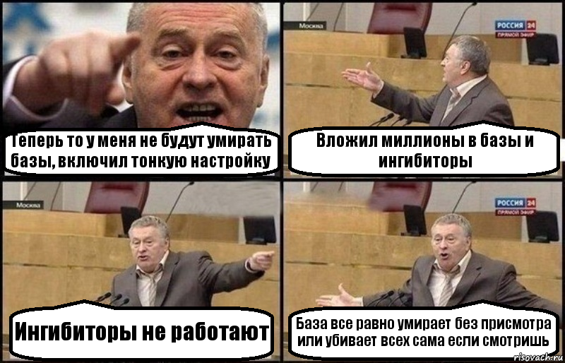 Теперь то у меня не будут умирать базы, включил тонкую настройку Вложил миллионы в базы и ингибиторы Ингибиторы не работают База все равно умирает без присмотра или убивает всех сама если смотришь, Комикс Жириновский