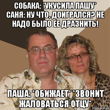 собака: *укусила пашу* саня: ну что, доигрался? не надо было ее дразнить! паша: *обижает* *звонит жаловаться отцу*, Мем  Злые родители