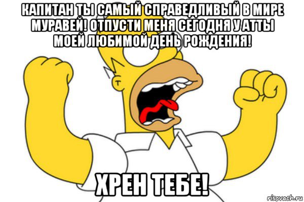 капитан ты самый справедливый в мире муравей! отпусти меня сегодня у атты моей любимой день рождения! хрен тебе!, Мем Разъяренный Гомер