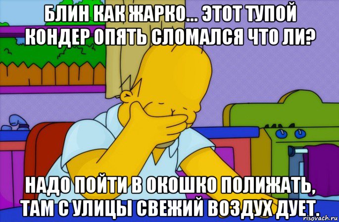 блин как жарко... этот тупой кондер опять сломался что ли? надо пойти в окошко полижать, там с улицы свежий воздух дует., Мем Homer simpson facepalm