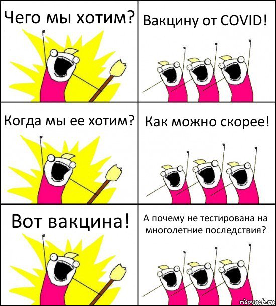 Чего мы хотим? Вакцину от COVID! Когда мы ее хотим? Как можно скорее! Вот вакцина! А почему не тестирована на многолетние последствия?, Комикс кто мы