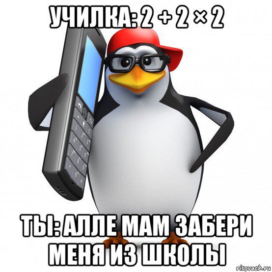 училка: 2 + 2 × 2 ты: алле мам забери меня из школы, Мем   Пингвин звонит