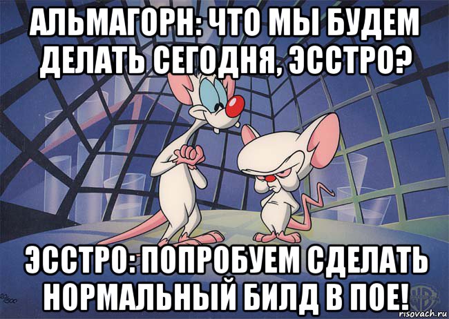 альмагорн: что мы будем делать сегодня, эсстро? эсстро: попробуем сделать нормальный билд в пое!, Мем ПИНКИ И БРЕЙН