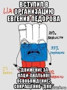 вступил в организацию евгения пёдорова "движение за наци-анальное освобождение", сокращённо "дно"