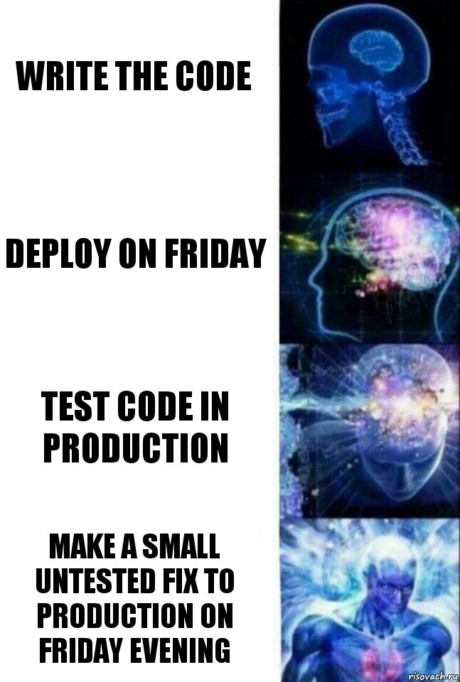 write the code deploy on friday test code in production make a small untested fix to production on friday evening, Комикс  Сверхразум