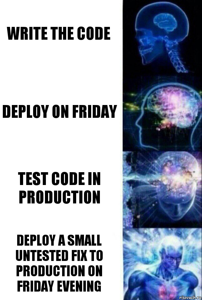 write the code deploy on friday test code in production deploy a small untested fix to production on friday evening, Комикс  Сверхразум