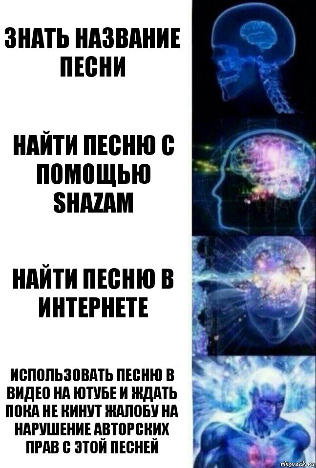 знать название песни найти песню с помощью shazam найти песню в интернете использовать песню в видео на ютубе и ждать пока не кинут жалобу на нарушение авторских прав с этой песней, Комикс  Сверхразум