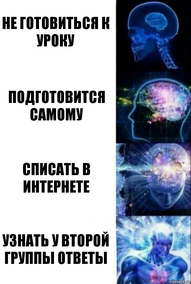 Не готовиться к уроку Подготовится самому Списать в интернете Узнать у второй группы ответы