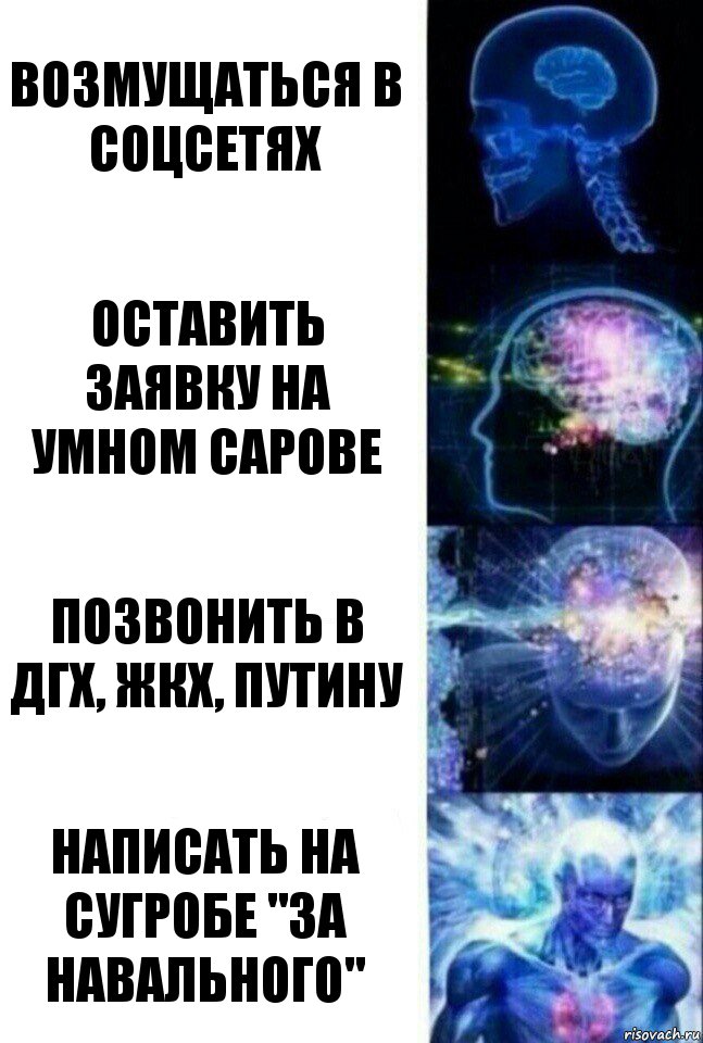 возмущаться в соцсетях Оставить заявку на Умном Сарове Позвонить в ДГХ, ЖКХ, Путину Написать на сугробе "За Навального"