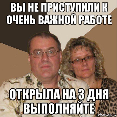 вы не приступили к очень важной работе открыла на 3 дня выполняйте, Мем  Злые родители