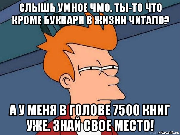 слышь умное чмо. ты-то что кроме букваря в жизни читало? а у меня в голове 7500 книг уже. знай свое место!, Мем  Фрай (мне кажется или)