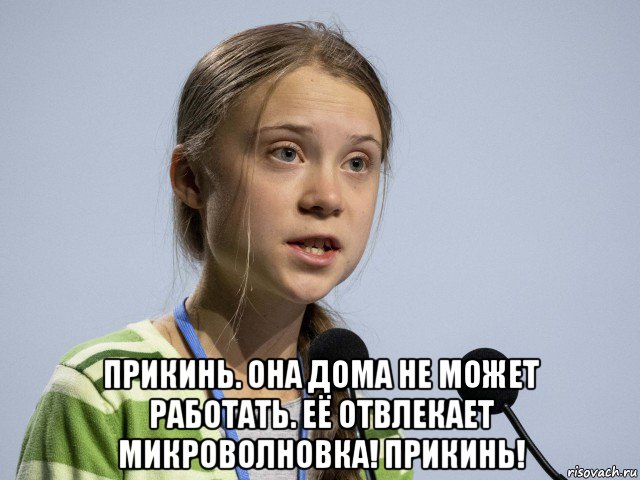  прикинь. она дома не может работать. её отвлекает микроволновка! прикинь!, Мем Greta Thunberg