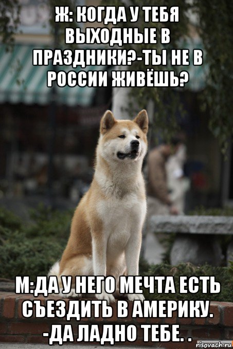 ж: когда у тебя выходные в праздники?-ты не в россии живёшь? м:да у него мечта есть съездить в америку. -да ладно тебе. .