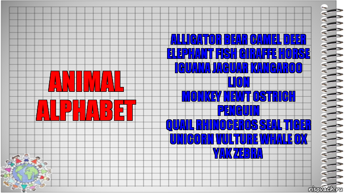 Animal alphabet Alligator bear camel deer
Elephant fish giraffe horse
Iguana jaguar kangaroo lion
Monkey newt ostrich penguin
Quail rhinoceros seal tiger
Unicorn vulture whale ox
Yak zebra