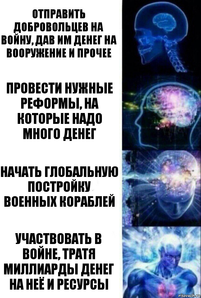 Отправить добровольцев на войну, дав им денег на вооружение и прочее Провести нужные реформы, на которые надо много денег Начать глобальную постройку военных кораблей Участвовать в войне, тратя миллиарды денег на неё и ресурсы, Комикс  Сверхразум