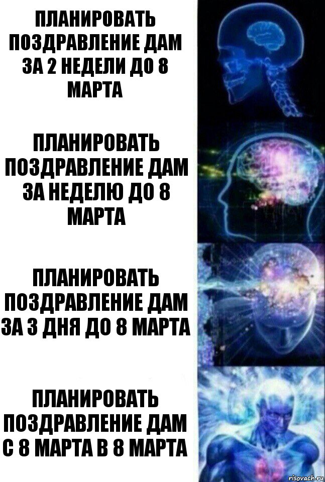 Планировать поздравление дам за 2 недели до 8 марта Планировать поздравление дам за неделю до 8 марта Планировать поздравление дам за 3 дня до 8 марта Планировать поздравление дам с 8 марта в 8 марта, Комикс  Сверхразум