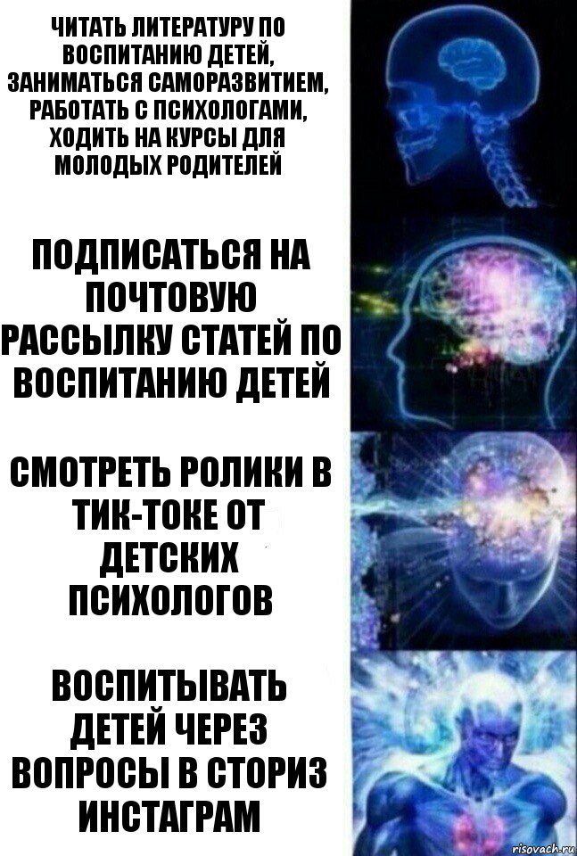 Читать литературу по воспитанию детей, заниматься саморазвитием, работать с психологами, ходить на курсы для молодых родителей Подписаться на почтовую рассылку статей по воспитанию детей Смотреть ролики в тик-токе от детских психологов Воспитывать детей через вопросы в сториз инстаграм