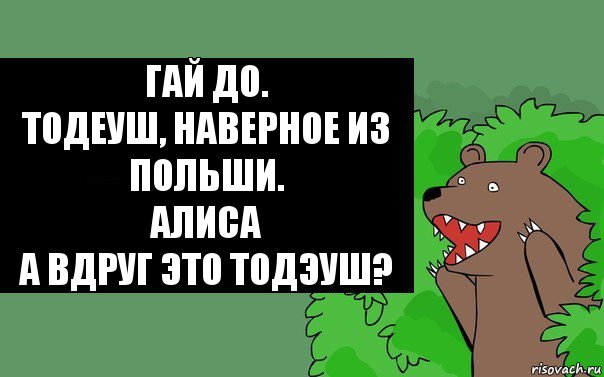 Гай до.
Тодеуш, Наверное из Польши.
Алиса
А вдруг это Тодэуш?, Комикс Надпись медведя из кустов