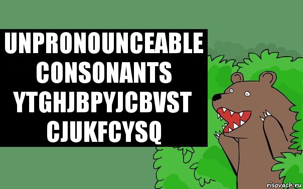 Unpronounceable consonants
Ytghjbpyjcbvst cjukfcysq, Комикс Надпись медведя из кустов