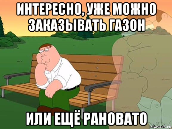 интересно, уже можно заказывать газон или ещё рановато, Мем Задумчивый Гриффин