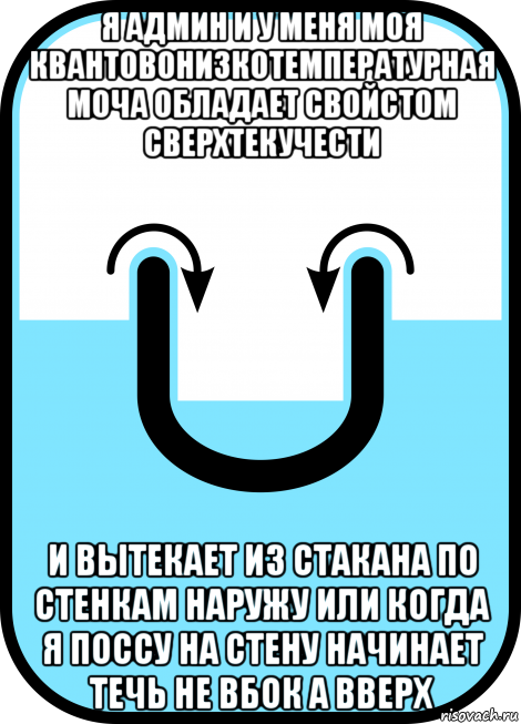я админ и у меня моя квантовонизкотемпературная моча обладает свойстом сверхтекучести и вытекает из стакана по стенкам наружу или когда я поссу на стену начинает течь не вбок а вверх, Мем Аномальное течение гелия-II