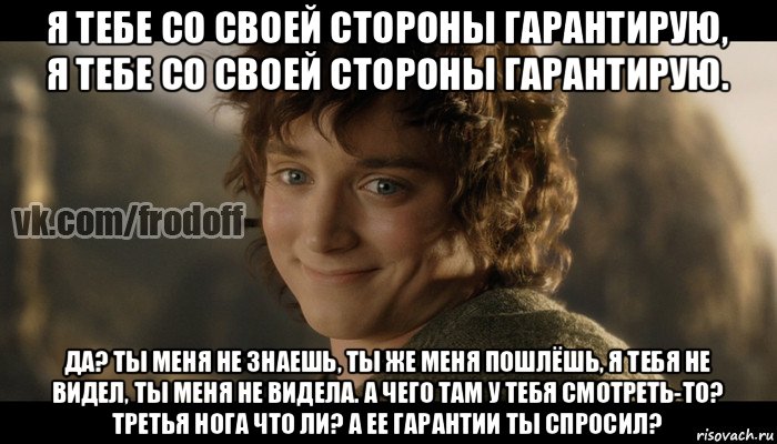 я тебе со своей стороны гарантирую, я тебе со своей стороны гарантирую. да? ты меня не знаешь, ты же меня пошлёшь, я тебя не видел, ты меня не видела. а чего там у тебя смотреть-то? третья нога что ли? а ее гарантии ты спросил?