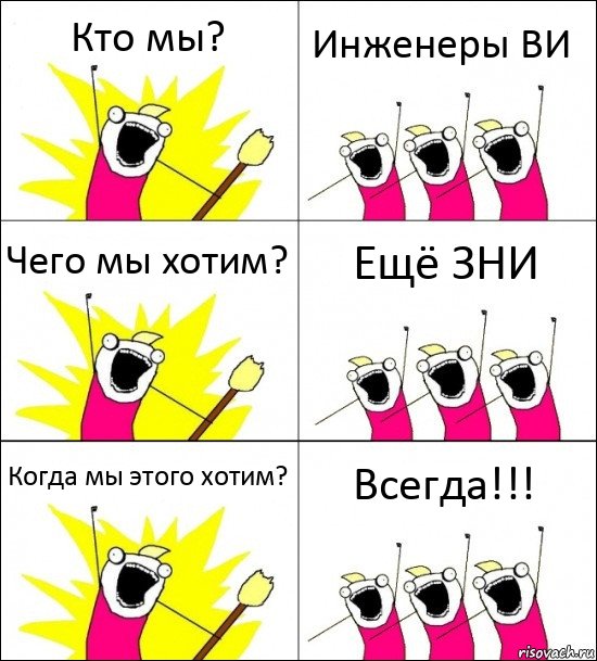 Кто мы? Инженеры ВИ Чего мы хотим? Ещё ЗНИ Когда мы этого хотим? Всегда!!!