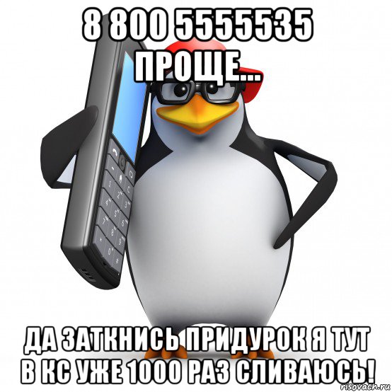 8 800 5555535 проще... да заткнись придурок я тут в кс уже 1000 раз сливаюсь!, Мем   Пингвин звонит