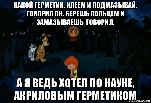 какой герметик, клеем и подмазывай, говорил он. берешь пальцем и замазываешь, говорил. а я ведь хотел по науке, акриловым герметиком, Мем Простоквашино закапывает