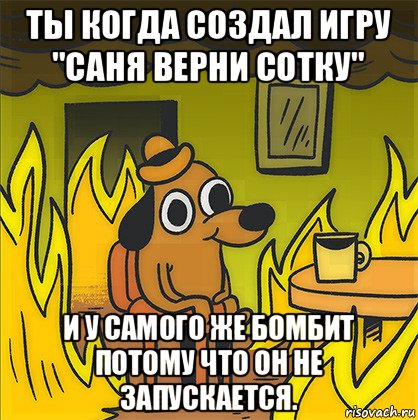 ты когда создал игру "саня верни сотку" и у самого же бомбит потому что он не запускается., Мем Собака в огне