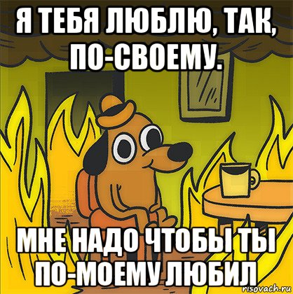 я тебя люблю, так, по-своему. мне надо чтобы ты по-моему любил, Мем Собака в огне