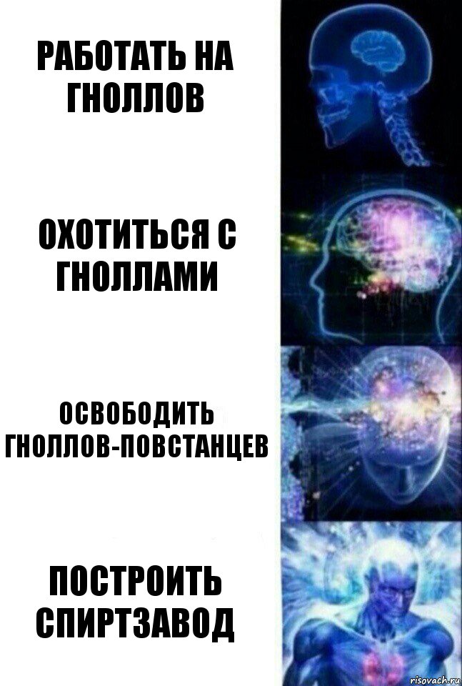 Работать на гноллов Охотиться с гноллами Освободить гноллов-повстанцев Построить спиртзавод, Комикс  Сверхразум