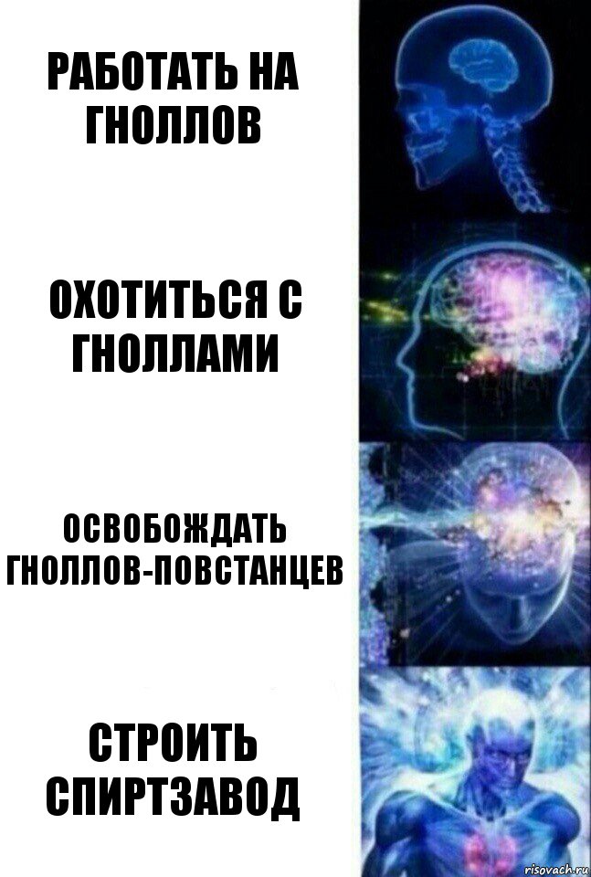 Работать на гноллов Охотиться с гноллами Освобождать гноллов-повстанцев Строить спиртзавод, Комикс  Сверхразум