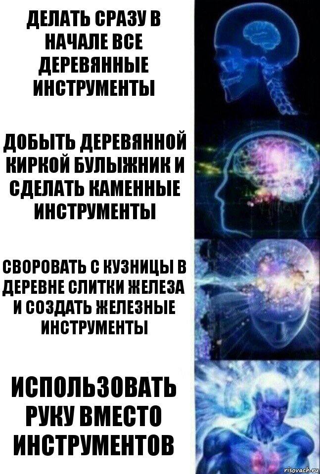 Делать сразу в начале все деревянные инструменты Добыть деревянной киркой булыжник и сделать каменные инструменты Своровать с кузницы в деревне слитки железа и создать железные инструменты Использовать руку вместо инструментов, Комикс  Сверхразум