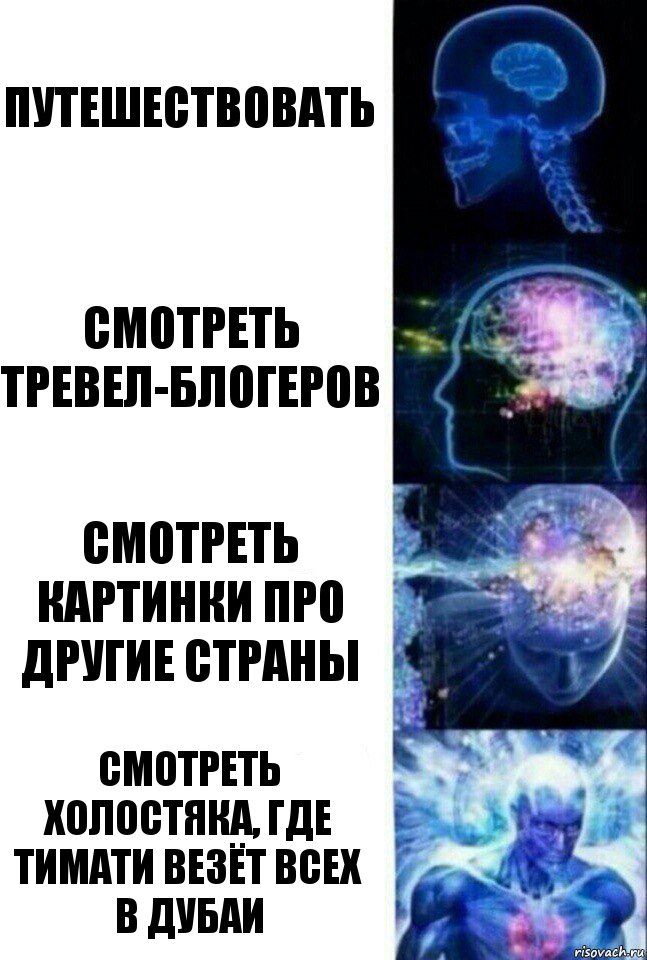 Путешествовать Смотреть тревел-блогеров Смотреть картинки про другие страны Смотреть холостяка, где Тимати везёт всех в Дубаи, Комикс  Сверхразум