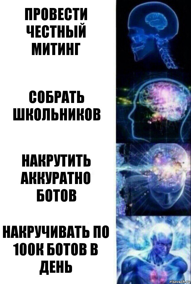 Провести честный митинг Собрать школьников Накрутить аккуратно ботов Накручивать по 100к ботов в день, Комикс  Сверхразум