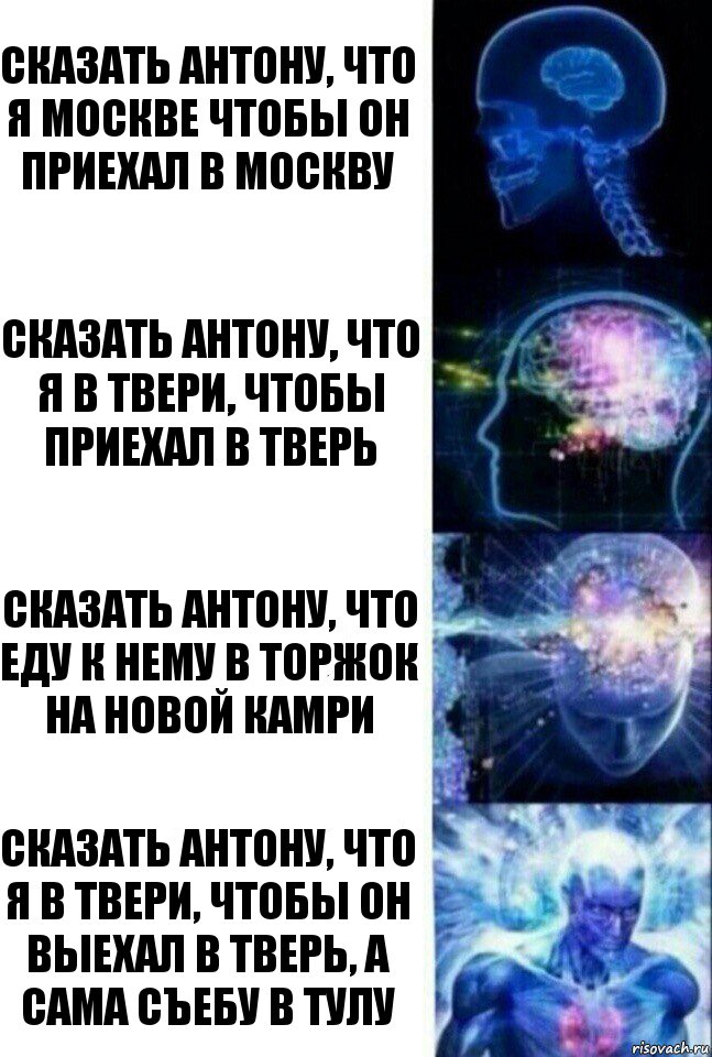 Сказать Антону, что я Москве чтобы он приехал в Москву Сказать Антону, что я в Твери, чтобы приехал в Тверь Сказать Антону, что еду к нему в Торжок на новой Камри Сказать Антону, что я в Твери, чтобы он выехал в Тверь, а сама съебу в Тулу, Комикс  Сверхразум