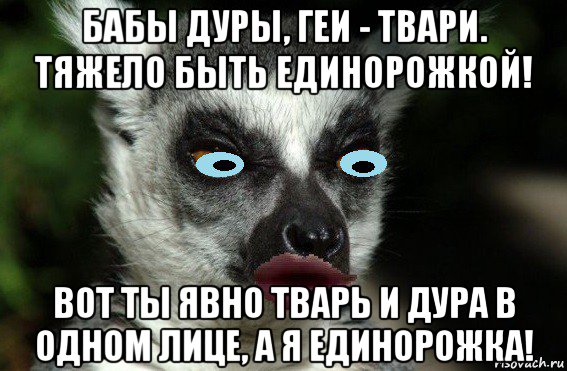 бабы дуры, геи - твари. тяжело быть единорожкой! вот ты явно тварь и дура в одном лице, а я единорожка!, Мем Я Спокойна