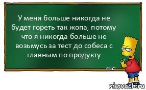 У меня больше никогда не будет гореть так жопа, потому что я никогда больше не возьмусь за тест до собеса с главным по продукту, Комикс Барт пишет на доске