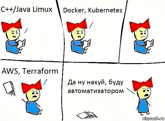 C++/Java Limux Docker, Kubernetes AWS, Terraform Да ну нахуй, буду автоматизатором, Комикс Бросила читать