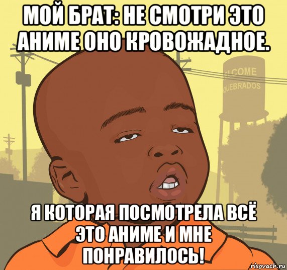 мой брат: не смотри это аниме оно кровожадное. я которая посмотрела всё это аниме и мне понравилось!