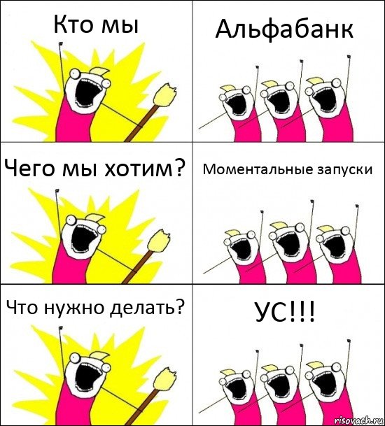 Кто мы Альфабанк Чего мы хотим? Моментальные запуски Что нужно делать? УС!!!