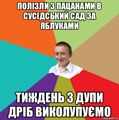 полізли з пацанами в сусідський сад за яблуками тиждень з дупи дріб виколупуємо