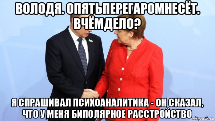 володя. опятьперегаромнесёт. вчёмдело? я спрашивал психоаналитика - он сказал, что у меня биполярное расстройство, Мем Меркель и Путин