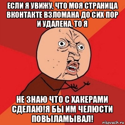 если я увижу, что моя страница вконтакте взломана до сих пор и удалена, то я не знаю что с хакерами сделаю!я бы им челюсти повыламывал!, Мем Почему