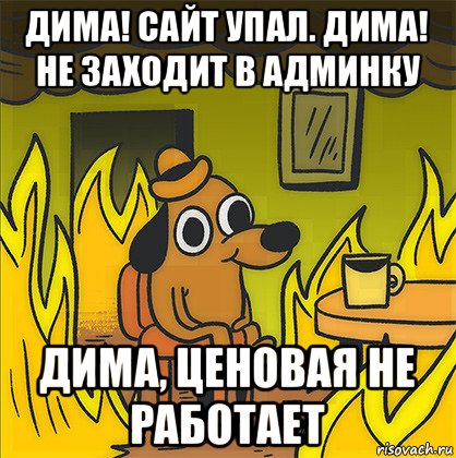 дима! сайт упал. дима! не заходит в админку дима, ценовая не работает, Мем Собака в огне