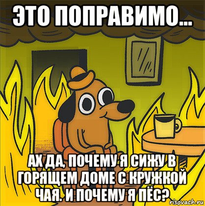 это поправимо... ах да, почему я сижу в горящем доме с кружкой чая. и почему я пёс?, Мем Собака в огне