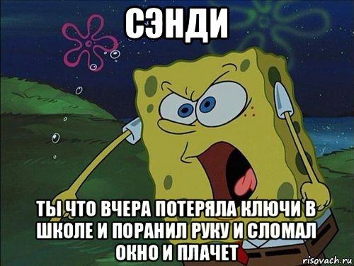 сэнди ты что вчера потеряла ключи в школе и поранил руку и сломал окно и плачет