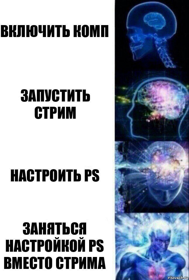 Включить комп Запустить стрим Настроить PS Заняться настройкой PS вместо стрима