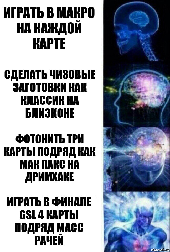 играть в макро на каждой карте сделать чизовые заготовки как классик на близконе фотонить три карты подряд как мак пакс на дримхаке играть в финале GSL 4 карты подряд масс рачей, Комикс  Сверхразум